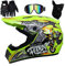 UIGJIOG Casque Moto Enfant,Casque de Cross pour Enfant Casque Downhill pour Enfants, avec Goggle/Gants/Masque,D. O. T Standard,pour BMX MTB Quad Enduro ATV Scooter,G,S(52~53cm)