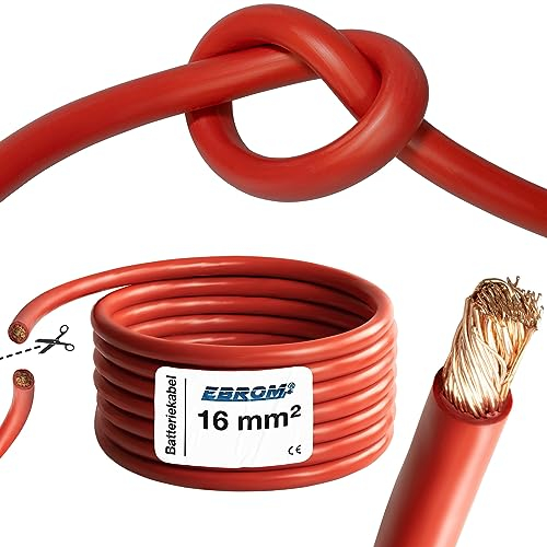 EBROM Cavo per batteria ad alta flessibilità HiFlex (Hi Flex) da 2 metri Cavo da 16 mm2 molto flessibile guaina in PVC (70 ± 5 Shore) 100% rame OFC 16 mm² come cavo di avviamento, cavo