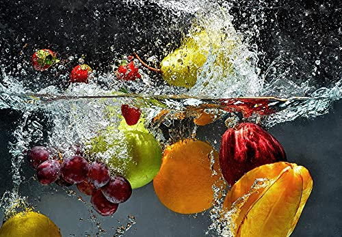 Fototapete Küche Frisches Obst im Wasser modern Esszimmer | 3,66 m x 2,54 m | Bunt, Grau