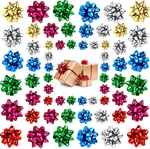 Taozoey Bunt Geschenkschleifen, 100 Stück Weihnachten metallic geschenkschleifen, Schleifen für Selbstklebende Pakete, 6 Farben, DREI Größen, schnelle Verpackung und schön