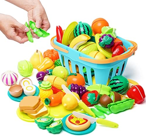 75 PCS Cutting Play Food Toy for Kids Kitchen Pretend Fruit &Vegetables Accessories with Shopping Storage Basket, Plastic Mini Dishes and Knife, Educational Toy for Toddlers Boys Girls Ages 3+