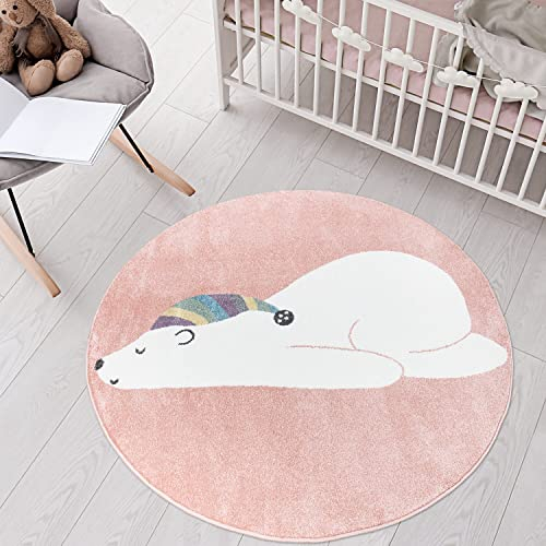 carpet city Tapis pour chambre d'enfant Motif animal – Rose – 160 cm rond – Tapis pour enfant à poils courts avec bonnet de sommeil – Poils doux