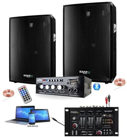 PACK SONO DJ 600W + AMPLI USB BLUETOOTH + 2 ENCEINTES 300W + TABLE DE MIXAGE USB + DIVERS CÂBLES PA DJ SONO SOIREE ANNIVERSAIRE