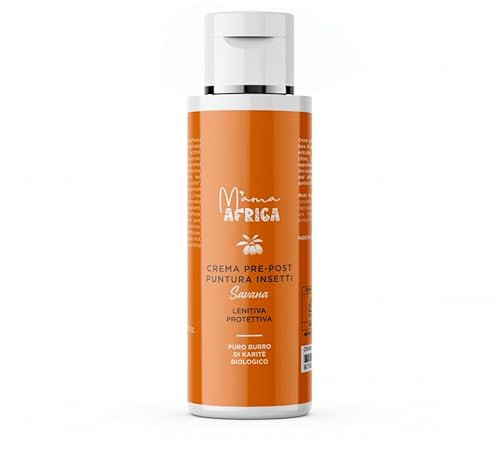 M'AMA AFRICA - CREMA CORPO POST PUNTURA INSETTI SAVANA, profum burro di karitè biologico, oli essenziali di litsea, citronella, geranio, e amido di riso, lenitiva, infiammazioni, 150ml