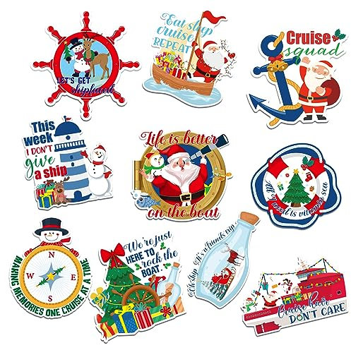 Xuhal 10 Pcs Cruise Door Magnets Decorations Funny Boat Anchor Steering Wheel Ship Car Magnets Decorative Magnetic Cruise Door Decor Decal Souvenir Gift for Cabin Refrigerator Fridge (Christmas Style)