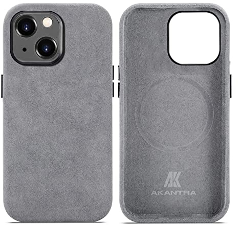 AKANTRA Alcantara Schutzhülle für Apple iPhone 15 Plus, handgefertigt, vollständig umwickelt, synthetisches Wildleder, kompatibel mit kabellosem Magsafe Laden (iPhone15 Plus, Grau)
