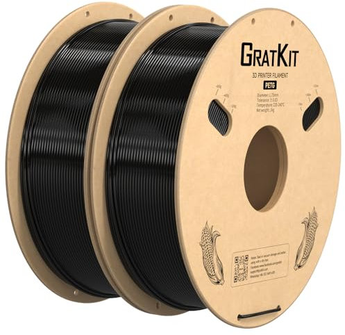 GratKit PETG 3D-Drucker Filament 1,75mm 2kg Spule, 3D-Druck Filament±0,03mm Präzision, Leicht zu drucken, Gleichmäßige Wicklung, 2 * 1KG, 2 Packs, Schwarz