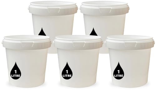 5 x 1L Plastic Bucket Pail + Handle & Lid - Heavy Duty ¦ Food Grade BPA Free ¦ Multi-use Fermentation Feed Dry Food Liquid Chemicals Hydroponics Storage Container WHITE