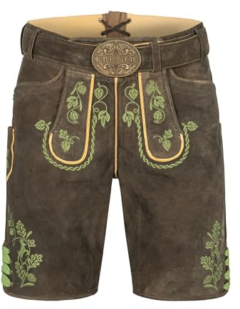 Krüger Herren Trachten Lederhose kurz, Modell: Cassius mit Gürtel, Knielang, braun, Art.-Nr. 962167-0-0705, 48,