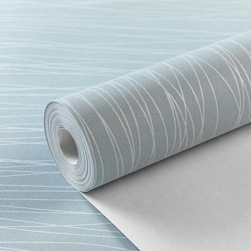 Trafagala 53 * 950cm Light Blue Modern Minimalist Non-Woven 3D Wallpaper Roll Glitter Metallic Stripe Textured Sky Blue Flocking Striped Wallcoverings for Bedroom Living Room TV Backdrop Hallway Hall