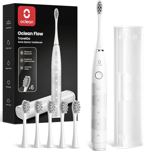 Oclean Sonic Electric Toothbrush TravelGo FlowSet, 180 Days Battery Life, 76000 VPM Motor, 5 Modes, Waterproof, USB C Rechargeable, 6 Replacement Heads & Travel Case, Eco-Friendly Packaging, White
