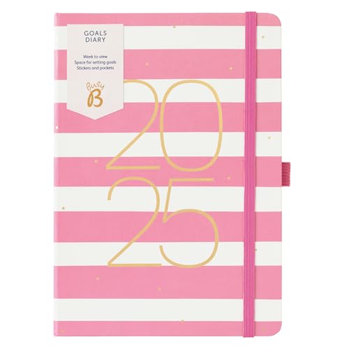 Busy B - Goals Diary 2025 Wochenplaner - A5 Pink Streife mit Gummiband - Wochenübersicht für das Alltagsleben - Monatsübersicht, inspirierende Zitate & Sticker - kompakter Kalender für Produktivität