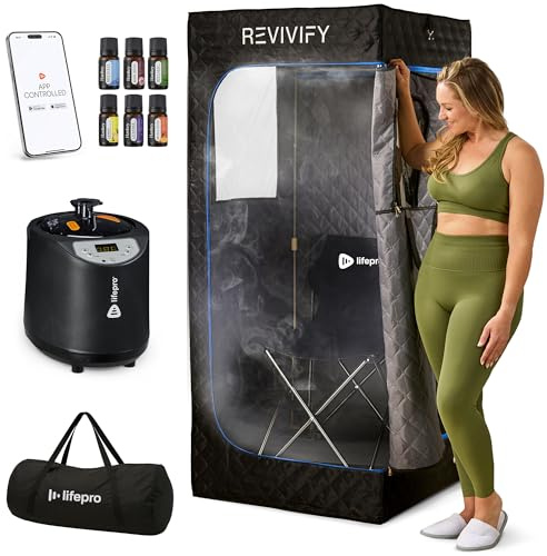 LifePro Revivify Mini Portable Sauna for Home with 2.6L Steamer, Essential Oils and App Control – Full Body Steam Room with Adjustable Heat Levels & Timer – Easy-to-Use at Home Sauna Tent Portable