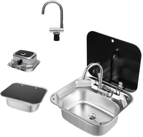 Kit d'évier de camping-car avec robinet pliant, évier de caravane, 41,5 x 37 x 16 cm, tuyau de vidange, couvercle en verre trempé, kit complet avec robinet d'eau chaude et froide pour caravane, bateau