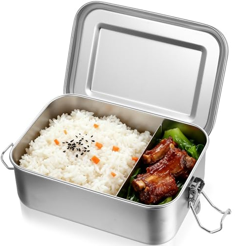 Loncheras de acero inoxidable, 850 ml recipientes de comida de acero inoxidable con tapa, loncheras metálicas herméticas para adultos con cierre y divisor flexible para picnics de trabajo