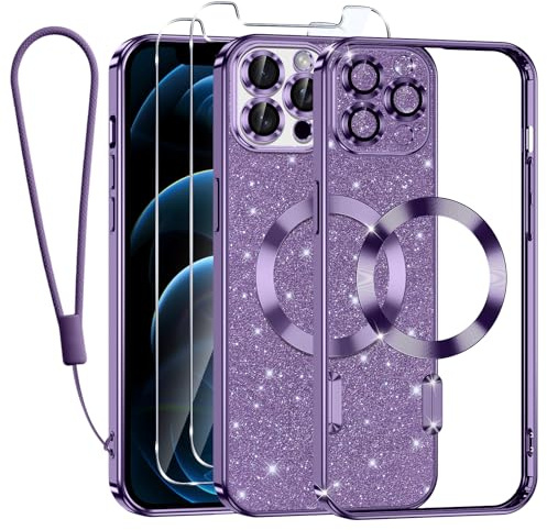Tikfrlo Glitter Magnetica Cover per iPhone 12 Pro Max con Cordino, Compatibile con MagSafe, Brillantini Sottile Silicone TPU Antiurto Custodia per iPhone 12 Pro Max con 2 Vetro Temperato Bumper, Viola