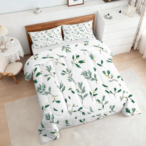 Zweige Bettdecke 155x220 4 Jahreszeiten, Weiß Grün Blätter Bettdecke Ohne Bezug Warm Steppdecke Ganzjahresdecke Mit Kissenbezug, Schlafzimmer Deko Zweige (KL1307)