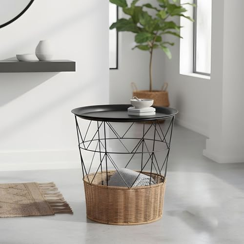 levandeo Beistelltisch Schwarz Korb H35cm Metall Tablett Tisch Rund Metalltisch Ablage Ablagetisch Sofatisch Deko Moderne Wohndeko