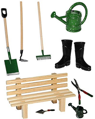 Miniatur - 3 TLG. Set: Gartengeräte aus Gusseisen/Metall - grün - Maßstab 1:12 - Puppenhaus - für Puppenstube - Gartenharke Spaten Rechen/Gartenhacke - Ga..