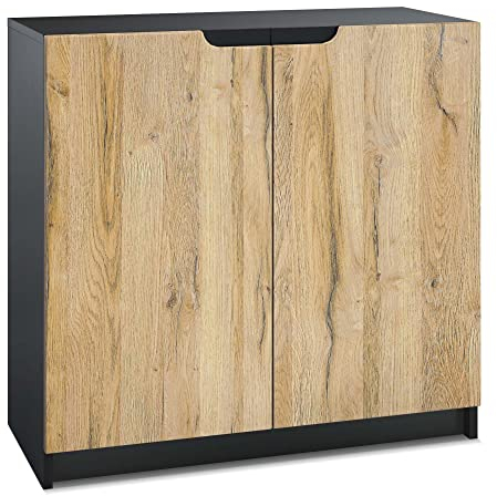Vladon Sideboard Logan, Made in Germany, Kommode mit 2 Türen, Schwarz matt/Eiche Natur (82 x 78 x 37 cm)