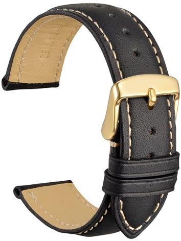 WOCCI 22mm Vintage Leder Uhrenarmband für Herren und Damen, Schließe Gold (Schwarz mit Beige Nähten)