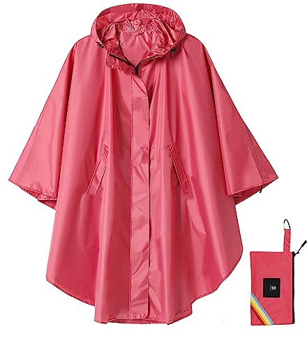 SaphiRose Unisex Rain Poncho Hooded Waterproof Raincoat for Adults Women, Rose Red, One size