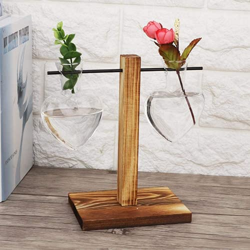 Jeffergarden Vases Ampoule en Verre Plante Vase en Verre Pot Un Vase en Verre Hydroponique avec Socle en Bois Coeur Forme de Boule Plante Contenant de Bureau pour décoration de Bureau o Maison