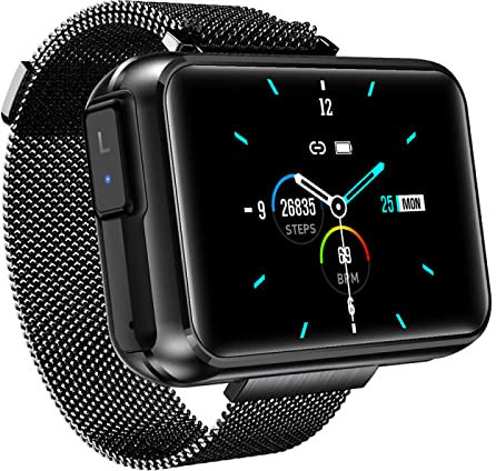 Susier 2 en 1 TWS Auriculares inalámbricos con Bluetooth Reloj Inteligente Hombres 1.4 Pantalla Grande de Bricolaje Bluetooth 5.0 Auriculares Fitness Tracker Smartwatch,Negro