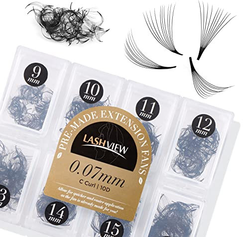 LASHVIEW 1000 Premade Volume Eyelash Extensions Mixed Tray 10D Premade Fans Eyelash Extensions C Curl Premade Lash Fans Pointed Handmade Promade Loose Fans Thin Base (10D-0.07C,9-16mm)
