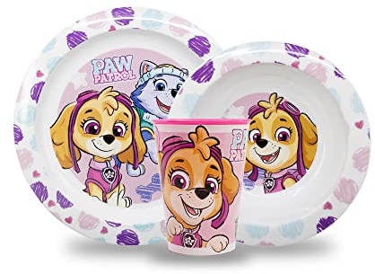 Sorrisini Vajilla Infantil para Niños y Bebés Paw Patrol, Vajilla Reutilizable Apta para Microondas, Juego de Platos Irrompibles de Plástico Plato, Cuenco para Cereal, Taza 260ml, sin BPA Skye