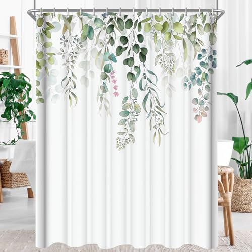 Lerores Duschvorhang 100x180cm, Grün Blätter Antischimmel Textil, Wasserabweisend, Waschbar Polyester Stoff Badevorhänge mit Ösen und 8 Duschvorhangringe für Badezimmer, Badewanne
