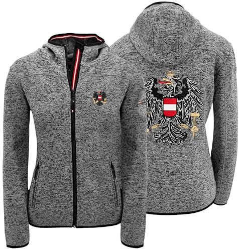 Hoamatkult Österreich Kultjacke mit Kapuze Damen - das Original - Österreich Adler Strickfleece Jacke - Jacke mit Österreich Adler Stick (Small, Dunkelgrau)