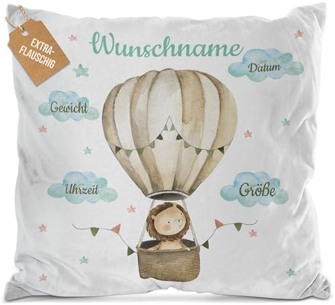 PR Print Royal Flauschiges Kissen zur Geburt - Löwe im Heißluftballon - Geschenk zur Geburt mit Name und Geburtsdaten Personalisieren | 40 x 40 cm, Weiß Flauschig