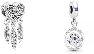 Pandora Passions Offen gearbeitetes Herz & DREI Federn Traumfänger Charm Sterlingsilber, 25 mm, 799107C00 & Charm Anhänger Kompass Silber, Kristall blau 790099C01