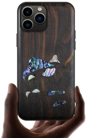 Carveit Coque Compatible avec iPhone 11 Pro Étui en Bois Cover [Gravure en Bois et Incrustation de Coquille] Case pour 11 Pro Coque Premium (Bois Sombre-Champignons millésimés)