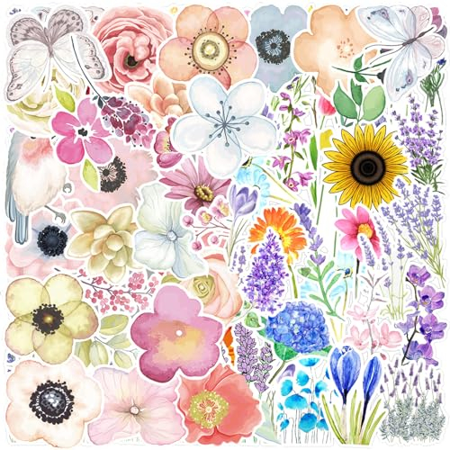 DKDDSSS 100 Stück Blumen Aufkleber, Scrapbook Aufkleber, Wasserfeste Aufkleber, für Laptop Wasserflaschen Skateboard Gepäck Fahrrad Gitarre PS4 Koffer Tagesbuch Scrapbook Handy Pad