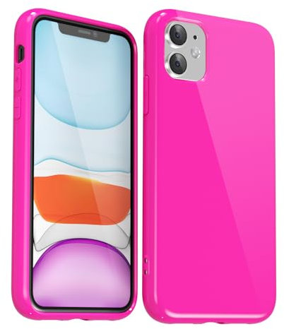 Svanove for iPhone 11 Case Silicone, Glossy Soft Rubber Gel Jelly Cute Protective Plastic Simple Plain Phone Case Cover for Women Girl, Slim Thin Flexible Shockproof TPU, Neon Hot Pink