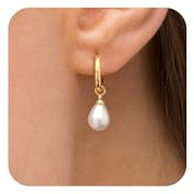 14K Gold Plated Pearl Dangle Earrings for Women, Small Pearl Drop Huggie Hoop Earrings, Hypoallergenic Dainty Gold Wedding Earrings Jewelry Gifts for Women Trendy