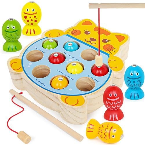 Skrtuan Montessori Holzspielzeug,Spielzeug ab 2 3 4 5 Jahre Magnet-Angelspielzeug Lernen Feinmotorik,Lernspiele Motorikspielzeug Holz Angelspiel für Kinder