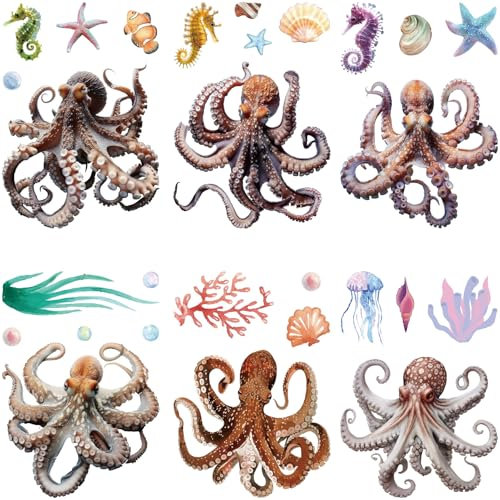 craspire Fensteraufkleber Mit Oktopus Motiv Selbstklebend 8 Blatt PVC Meer Ozean 3D Glas Wandaufkleber Quallen Seesterne Muscheln Korallen Seepferdchen Meerestiere Abziehen Und Ankleben