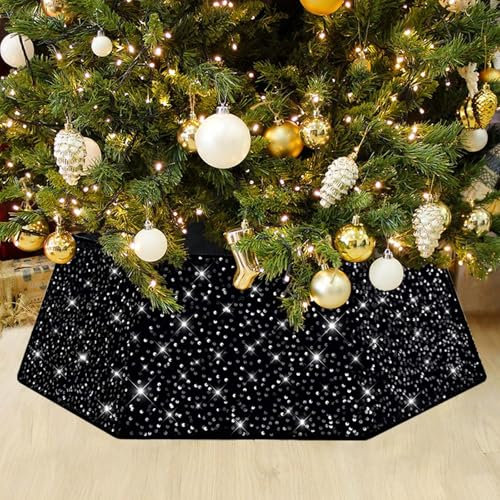Black Tree Collar Sequin Halloween 31.49 Inch Foldable Christmas Tree Ring Velvet Tree Skirt Cover for Xmas Pencil Tree Holiday Decor