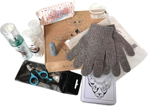 Ultimatives Set für neue Sphynx-Kätzchen-Besitzer: umfassendes Pflegeset für Ihren nackten Begleiter (Shampoo, Feuchttücher, Badehandschuhe, Nagelknipser, Duschhauben, Fingerzahnbürste)