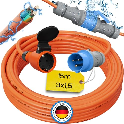 maxgo 15m Camping Adapter CEE auf Schuko 230v 16a 3x1,5 H07BQ-F Stromadapter Stromkabel Landstromanschluss Adapterkabel Verlängerungskabel Kabel Wohnmobil Schukostecker Mennekes Campingkupplung