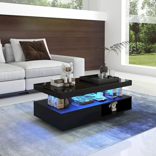 SUKY Hochglanz-Couchtisch 95 x 50 x 42.5 cm - mit 4 Glasplatten, Unterschrank für Wohnzimmer, 2 Schubladen und 2 offenen Fächern, Couchtisch (Schwarz)
