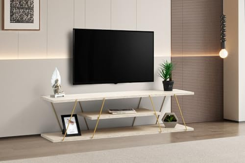 Hanah Home Stylish TV Stand with Marble Design, Travertine & Gold, 120 cm | 100% Melamine Coated Particle Board & Metal Frame | Wall-Mountable, Functional Shelves