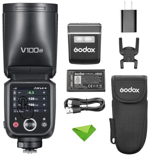 Godox V100 N V100-N 100Ws TTL Flash for Nikon Camera, 400 Full Power Flashes, 1.7s Recycle Time, 2.4G Wireless with External Flash, HSS Speedlight, Touchscreen Flash for Nikon Cameras (Godox V100-N)