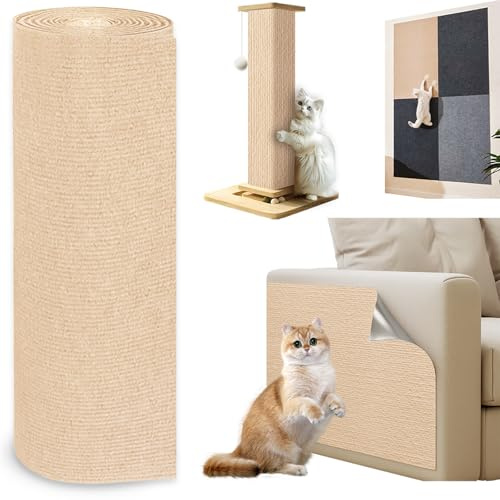 Jyvex 30 x 150 cm självhäftande klösmatta för katter, gör-det-själv-klösmatta för katter, trimbar soffa och klösskydd, förhindrar att katter klösar möbler lämplig för golv, soffor, stolar (kaki)