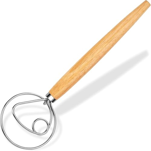 Danish Dough Whisk Stainless Steel Dough Hook Dutch Whisk for Sourdough Bread Dough Mixer Hand Wooden Handle Kitchen Whisking Mixing Tool Bread Making Tools and Supplies (1 Eyes)