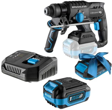 HÖGERT TECHNIK Bürstenloser Akku-Bohrhammer Set 18V, 2,0 J Schlagenergie, Meißelfunktion, 4,0 Ah Akku, 4A Ladegerät, Metallgetriebe, LED, Für Beton & Metall + PROMO 2,0 Ah Akku