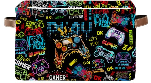 JOPJOLIW Gamer Rectangle Storage Basket - Game Themed Collection Collapsible Storage Baskets with Handles - Gamer Toy Bins for Boys - Cool Game Pattern Storages Bin for Kids Clothes, Gifts, Books